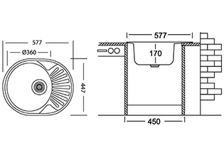 Мойка овальная, с маленьким крылом
из нержавеющей стали 577x360x170 мм, (толщина 0,8 мм)