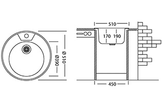 Мойка круглая из нержавеющей стали 510х390х170 мм (толщина 0,8 мм)